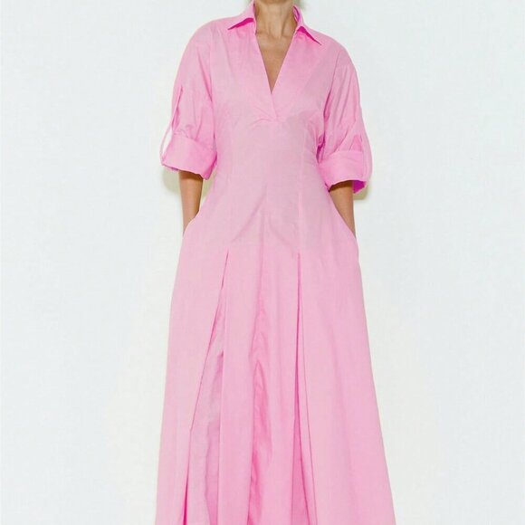 Pink Elegant Women's V-Neck Long Sleeve Flared Hem Chic Maxi Dress - Picture 2 of 3